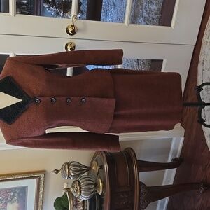 Le Suit Wine Black Petite Wool Blend Skirt Suit Faux Fur Collar Fully Lined 8P